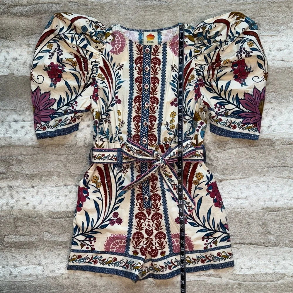NWT FARM Rio Romantic Lightness Puff Short Sleeve Romper in Blue Pattern Size S - Picture 7 of 16